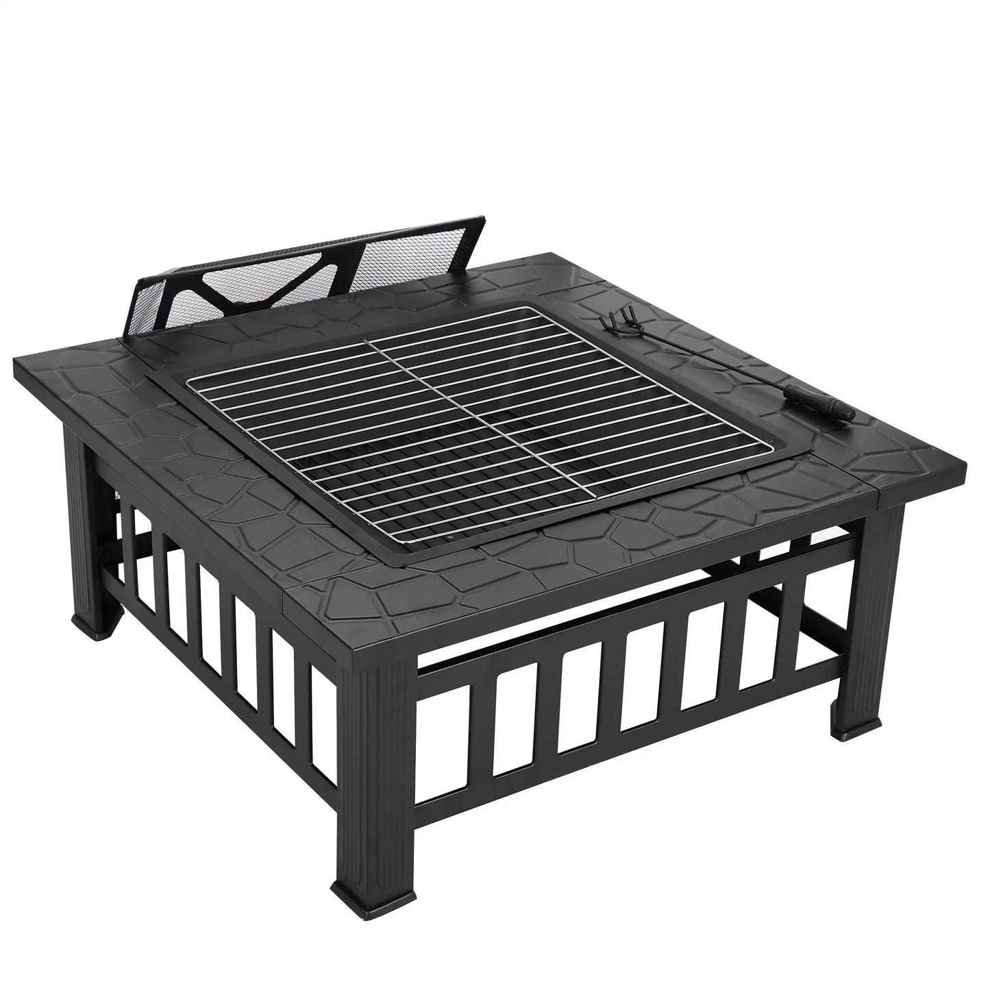 32" Outdoor Square Fire Pit – Wood Burning Patio Heater with Grill & Cover