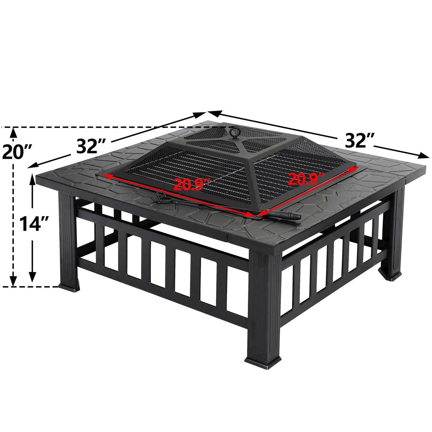 32" Outdoor Square Fire Pit – Wood Burning Patio Heater with Grill & Cover