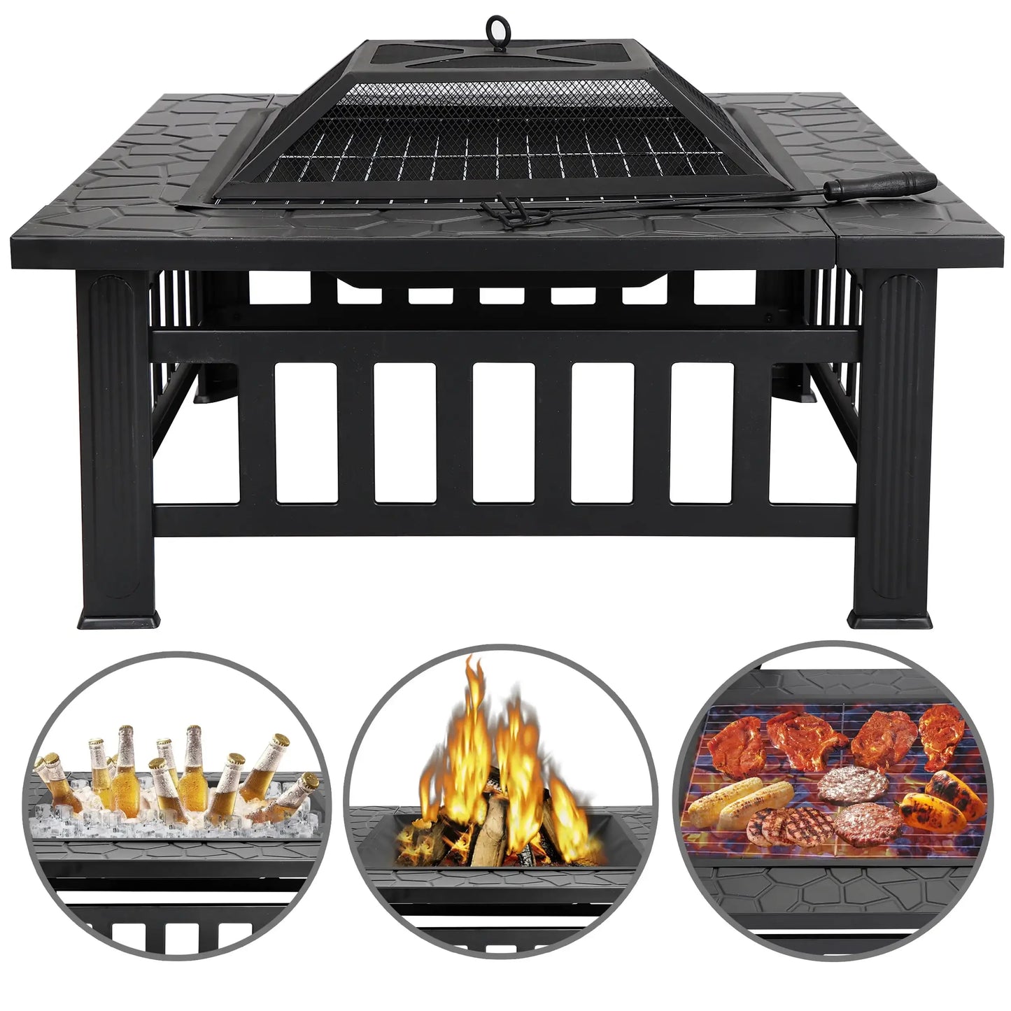 32" Outdoor Square Fire Pit – Wood Burning Patio Heater with Grill & Cover