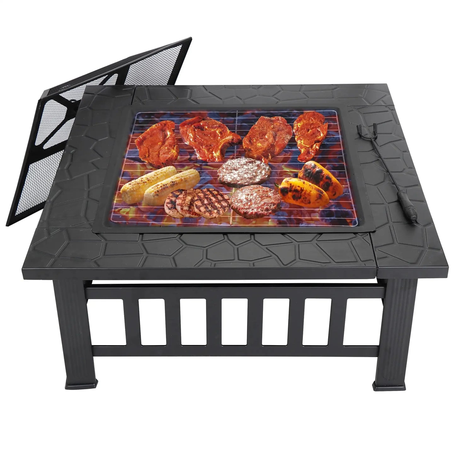 32" Outdoor Square Fire Pit – Wood Burning Patio Heater with Grill & Cover