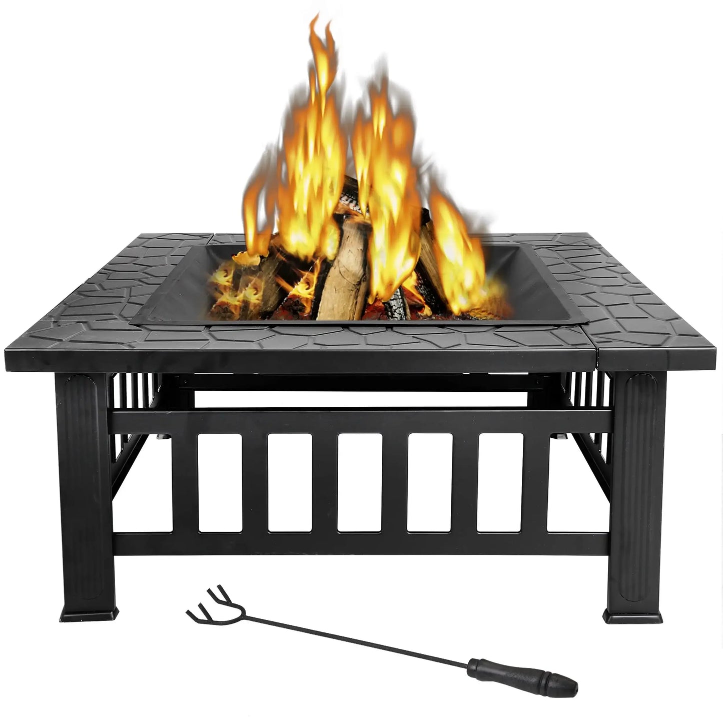 32" Outdoor Square Fire Pit – Wood Burning Patio Heater with Grill & Cover