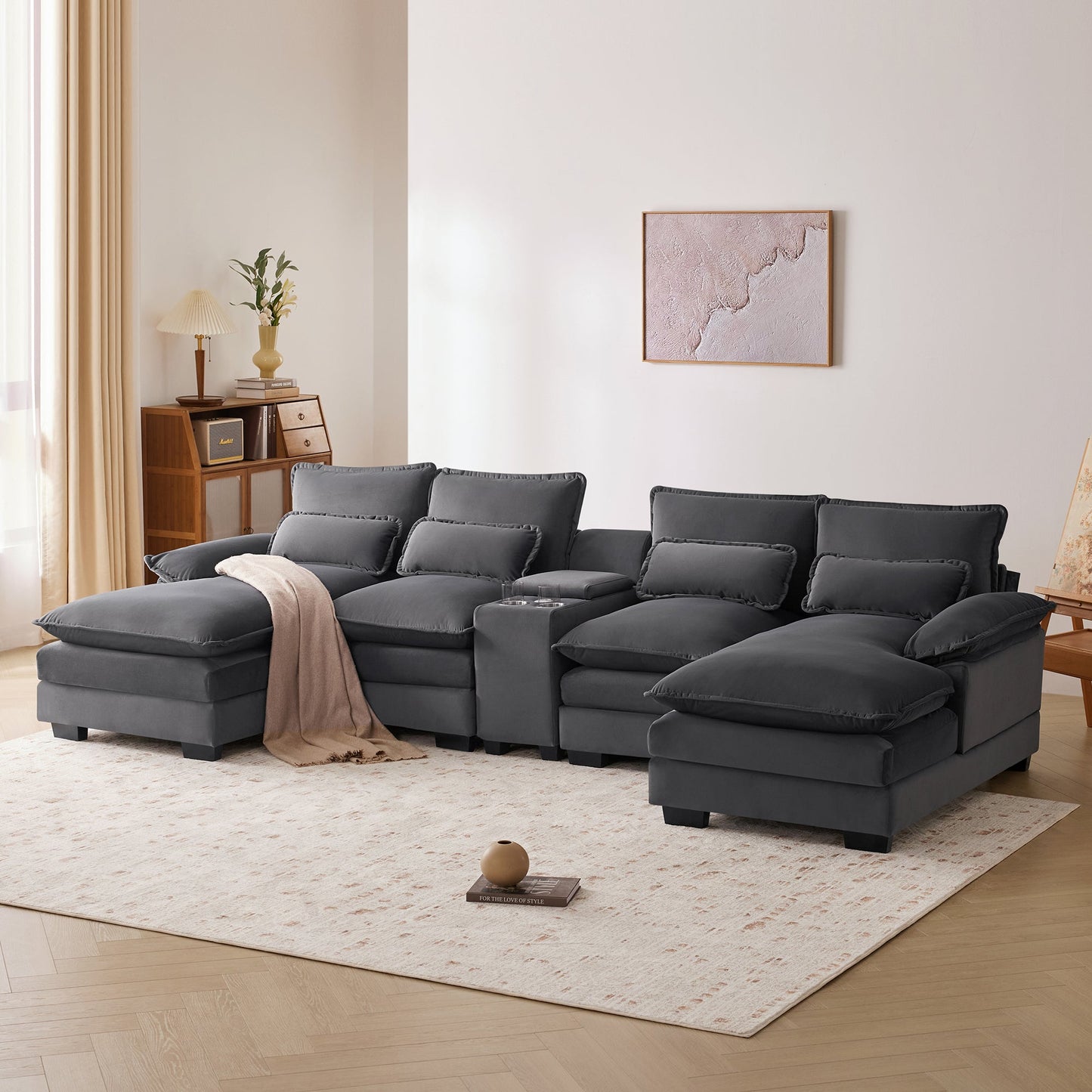 123*55" Modern U-shaped Sofa with Console,Cupholders and USB