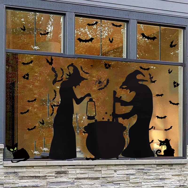 4pcs/set Halloween Witch Window Glass Stickers Horror Black Cat Spider