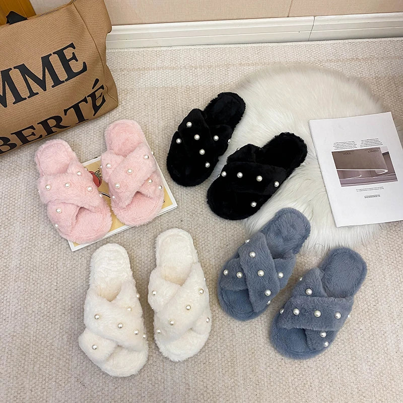 2024 Pearl Fluffy Slippers | Women's Winter * Autumn Cozy Slides