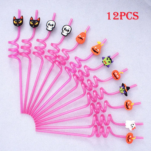 12pcs ReusablePlastic Straw Halloween Theme Cartoon Style Straws