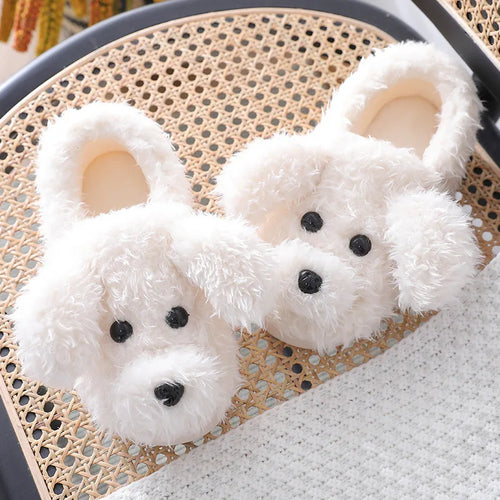 2024 Winter Plush Fur Slippers For Women / Cute Dog Furry Cotton