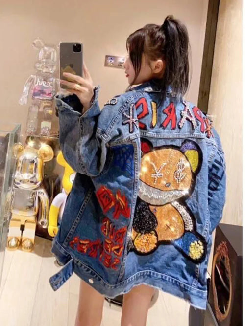 2024 Women's Denim Jacket | Bear Cartoon Diamond-Embellished Outerwear