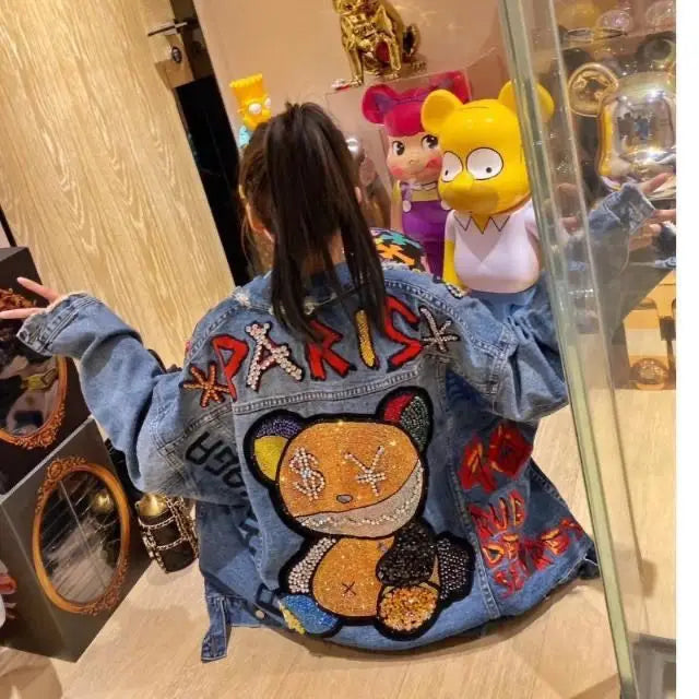 2024 Women's Denim Jacket | Bear Cartoon Diamond-Embellished Outerwear