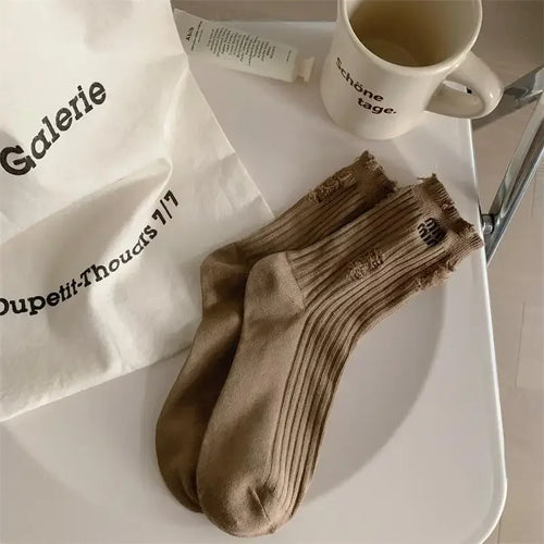 Embroidered Letter & Distressed Detail Beggar Socks for Women - Autumn/Winter Collection