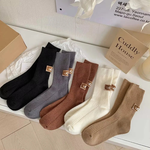 5 Pairs Women’s Thick Solid Color Socks – Black & White for Autumn and Winter