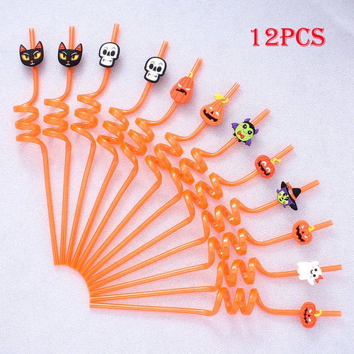 12pcs ReusablePlastic Straw Halloween Theme Cartoon Style Straws