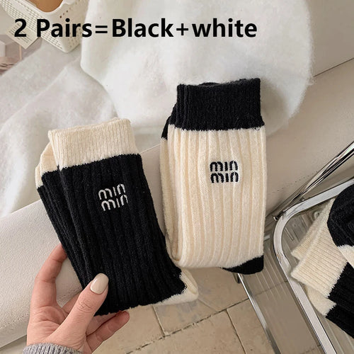 2 Pairs Wool Socks for Women – Black & White Thickened Winter Knitted Warm Socks