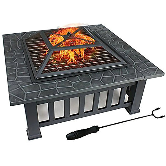 32" Outdoor Square Fire Pit – Wood Burning Patio Heater with Grill & Cover