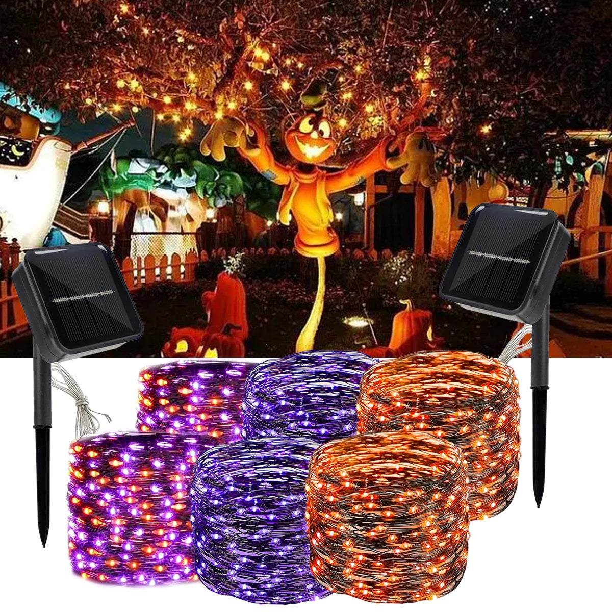 2024 2 Pack 120LED Halloween Solar Powered Black Copper Wire Lamp Lights