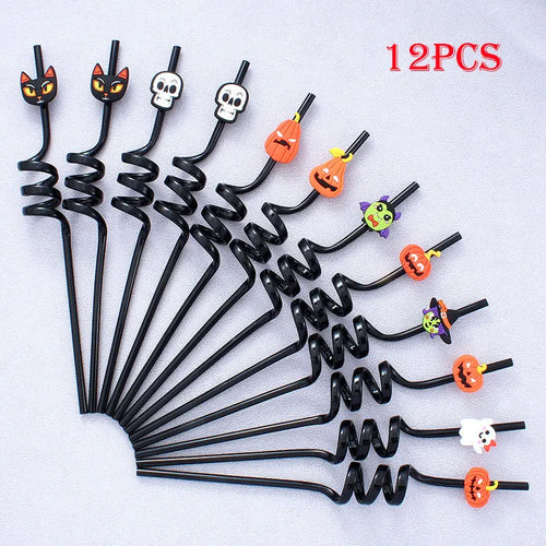 12pcs ReusablePlastic Straw Halloween Theme Cartoon Style Straws