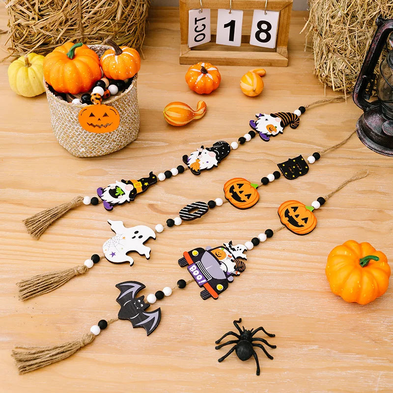 2024 Halloween Wooden Tassel Beads Pendant Gnome Pumpkin Bat Ghost