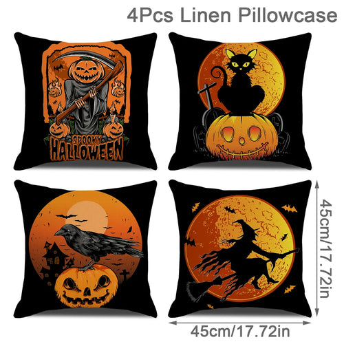 4PCS 45x45cm Halloween Cushion Cover Pumpkin Wizard Ghost Halloween 2024