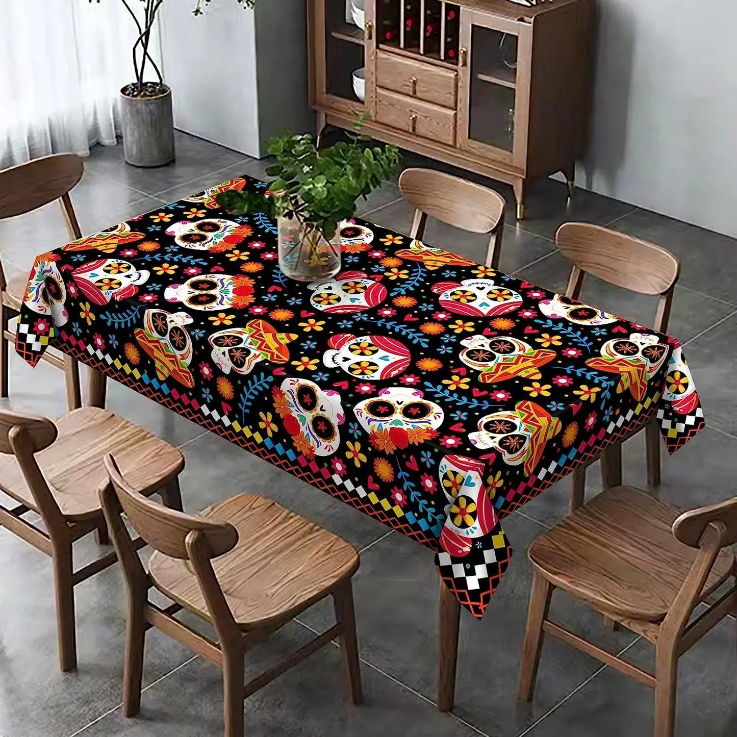 Day of The Dead Rectangle Tablecloth Sugar Skull Halloween Decor 2024