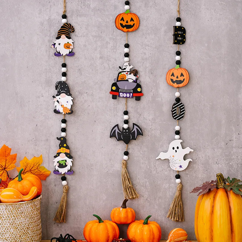 2024 Halloween Wooden Tassel Beads Pendant Gnome Pumpkin Bat Ghost