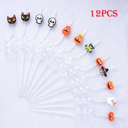 12pcs ReusablePlastic Straw Halloween Theme Cartoon Style Straws