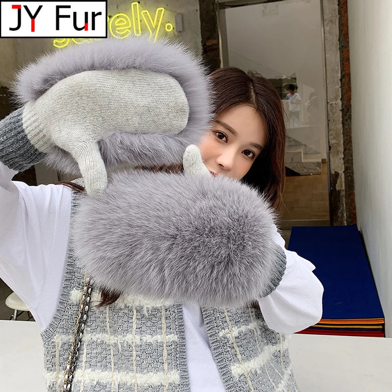 100% Genuine Fox Fur Mittens – Women’s Thick Knitted Winter Gloves