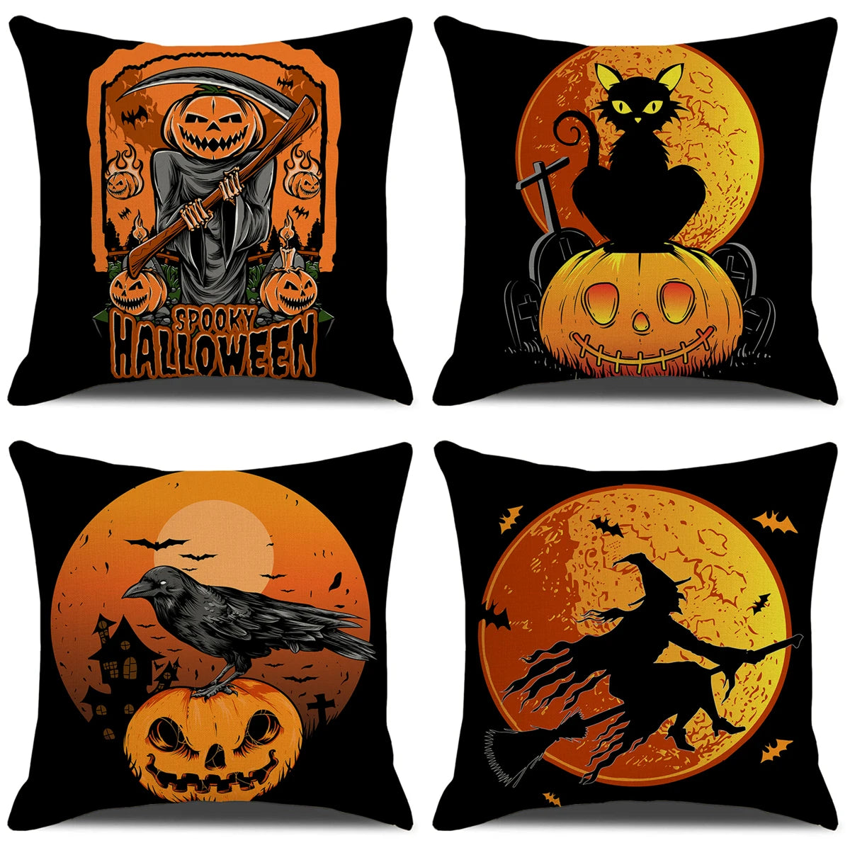 4PCS 45x45cm Halloween Cushion Cover Pumpkin Wizard Ghost Halloween 2024