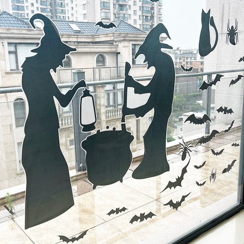 4pcs/set Halloween Witch Window Glass Stickers Horror Black Cat Spider