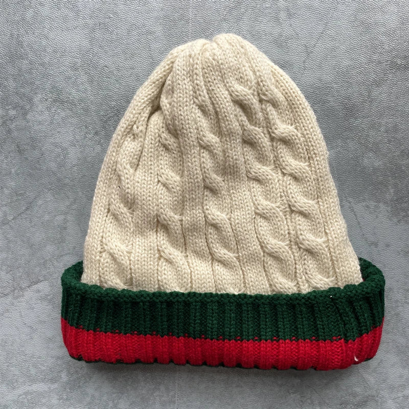 Striped Knit Beanie for Women – Plus Velvet Warm Winter Hat