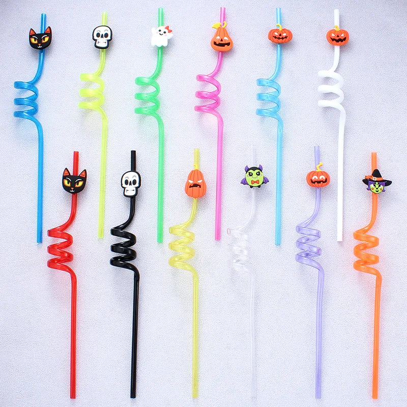 12pcs ReusablePlastic Straw Halloween Theme Cartoon Style Straws