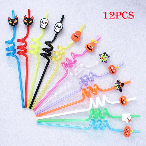 12pcs ReusablePlastic Straw Halloween Theme Cartoon Style Straws