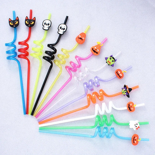 12pcs ReusablePlastic Straw Halloween Theme Cartoon Style Straws