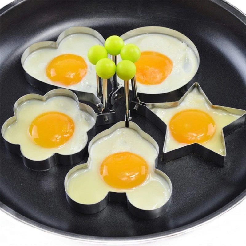 5-Piece Stainless Steel Egg & Pancake Mold Set - Round, Heart, Flower, Star Shapes