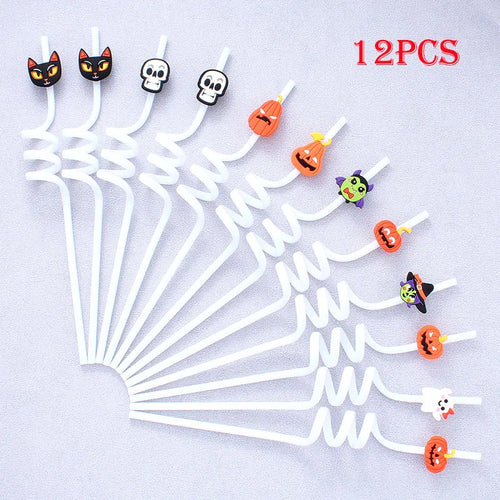 12pcs ReusablePlastic Straw Halloween Theme Cartoon Style Straws