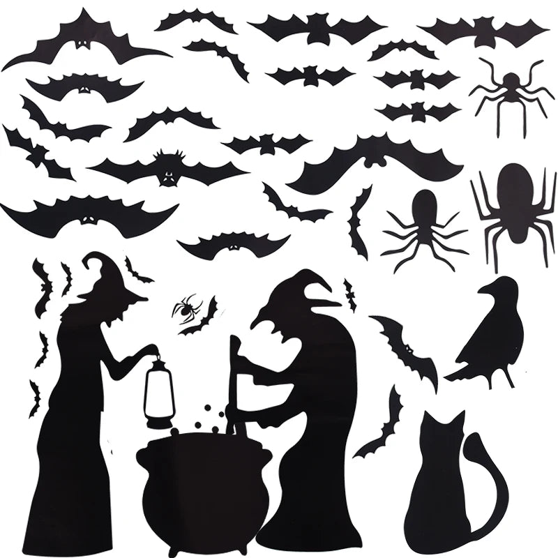 4pcs/set Halloween Witch Window Glass Stickers Horror Black Cat Spider