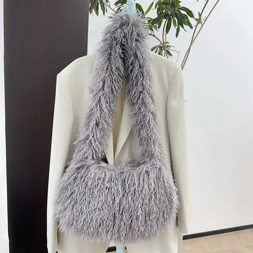 Long Plush Women's Large Shoulder Bag Luxury Faux Fur Female Messenger