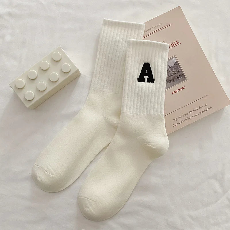 Women's Ribbed Knitted White Socks with Embroidered Letters - Autumn & Winter Collection