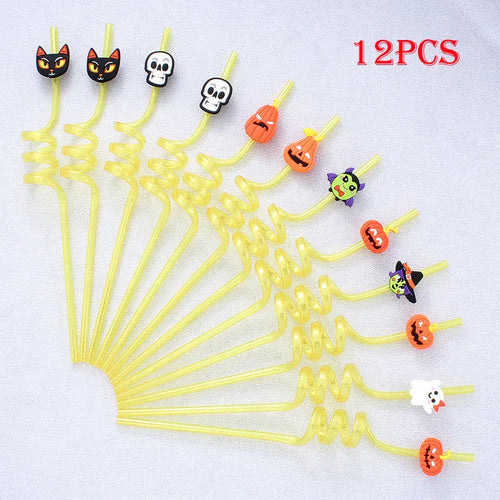 12pcs ReusablePlastic Straw Halloween Theme Cartoon Style Straws