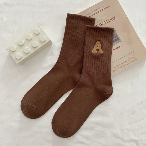 Women's Ribbed Knitted White Socks with Embroidered Letters - Autumn & Winter Collection