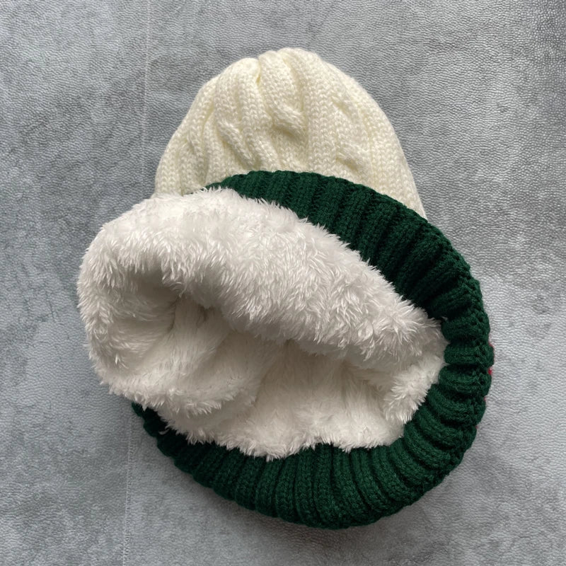 Striped Knit Beanie for Women – Plus Velvet Warm Winter Hat