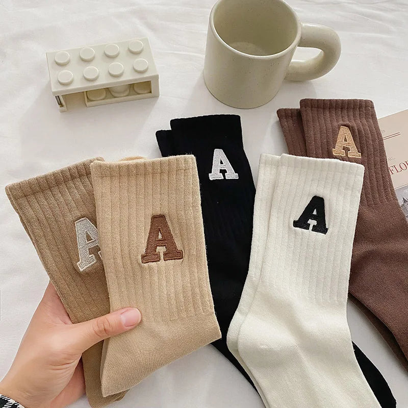 Women's Ribbed Knitted White Socks with Embroidered Letters - Autumn & Winter Collection