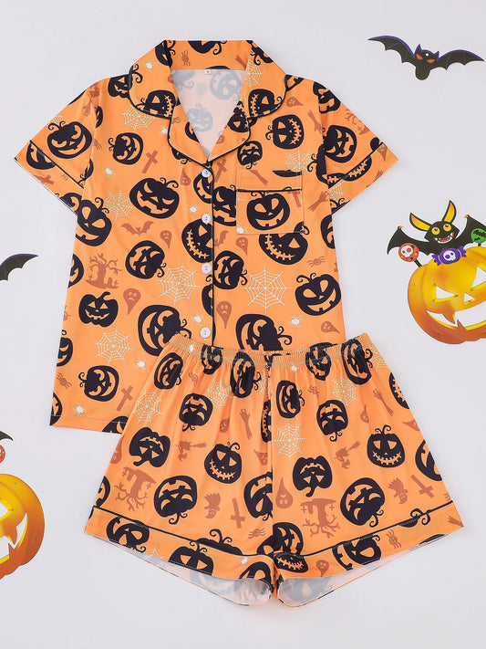 2024 Halloween Pumpkin & Bat Print Women's Pajama Set | Comfortable Sleepwear