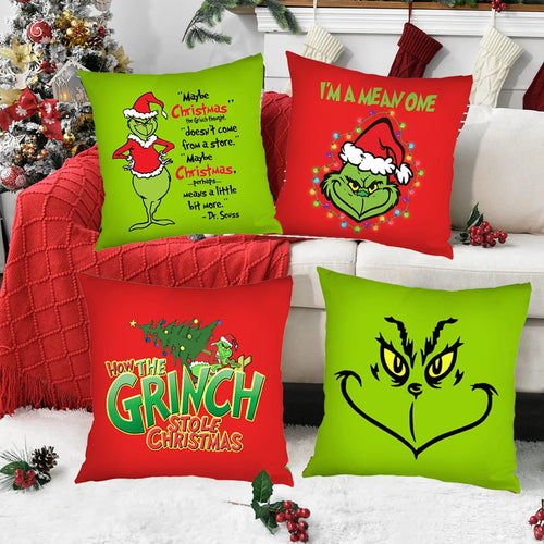 Grinch-Inspired Christmas Throw Pillow Covers – Set of 4 (18x18 inches)