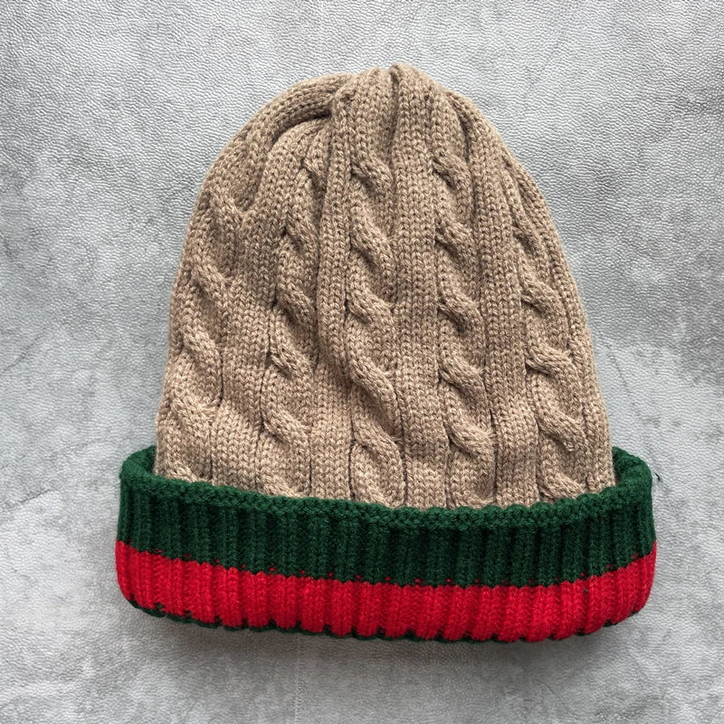 Striped Knit Beanie for Women – Plus Velvet Warm Winter Hat