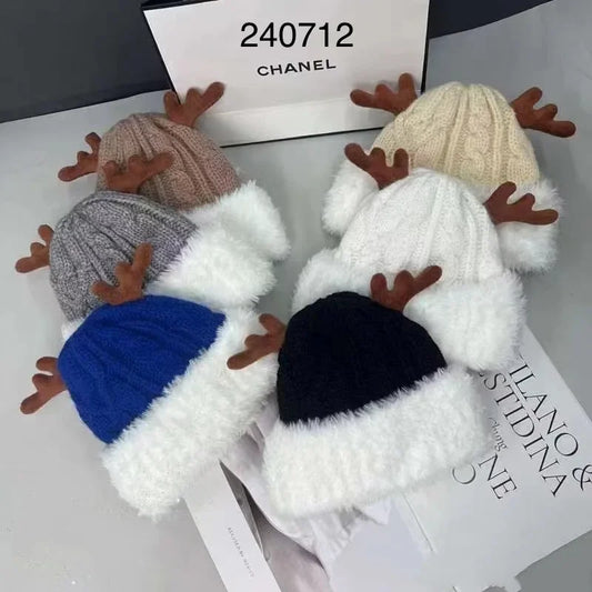 Cozy Knitted Reindeer Antler Christmas Hat