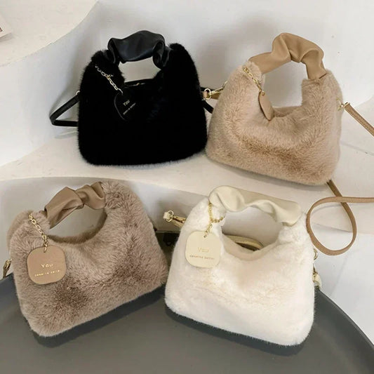 2024 Women Faux Fur Plush Handbags / Small Lady Shoulder