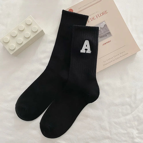 Women's Ribbed Knitted White Socks with Embroidered Letters - Autumn & Winter Collection