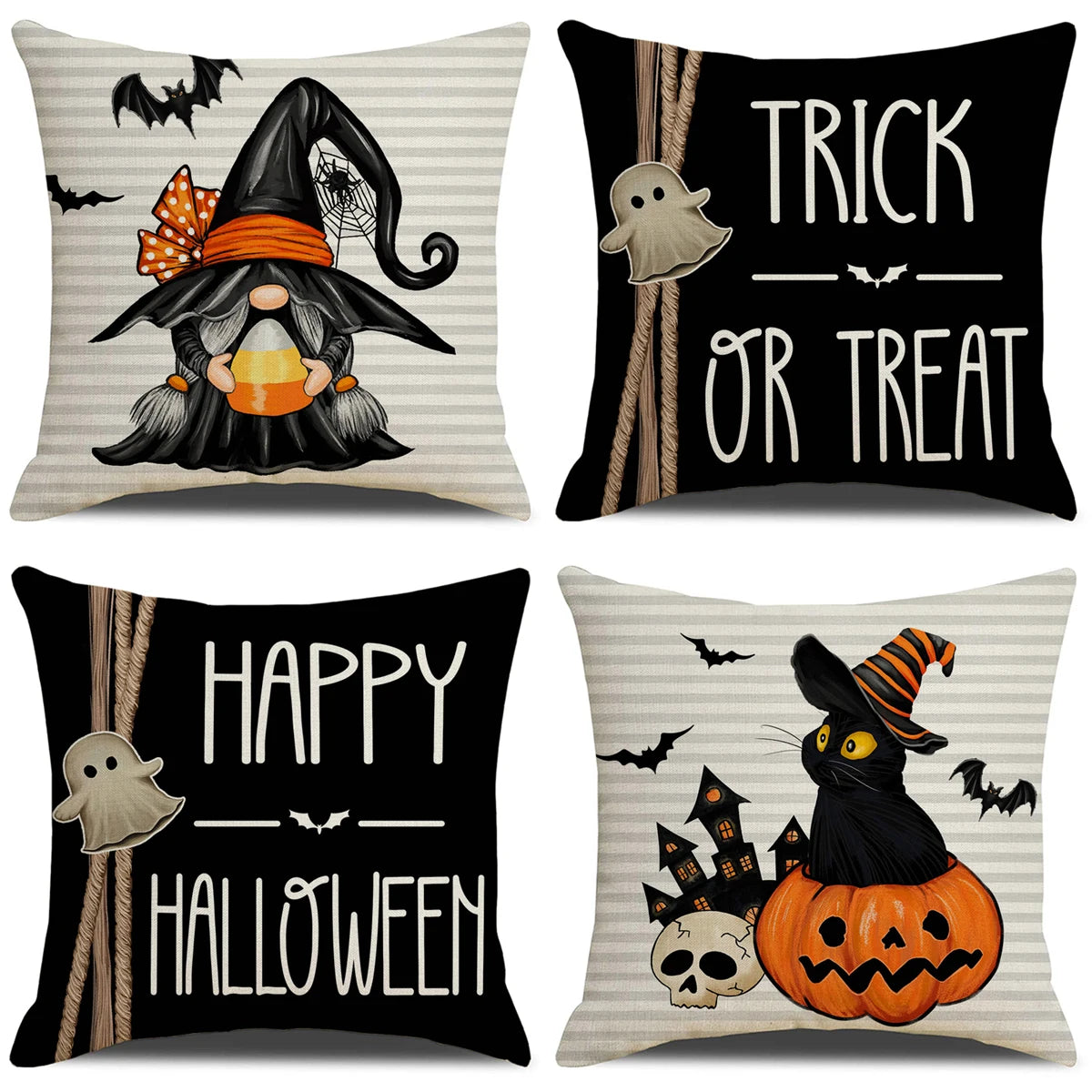 4PCS 45x45cm Halloween Cushion Cover Pumpkin Wizard Ghost Halloween 2024