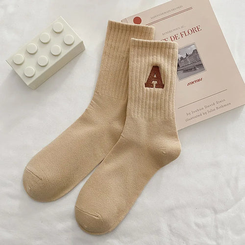 Women's Ribbed Knitted White Socks with Embroidered Letters - Autumn & Winter Collection