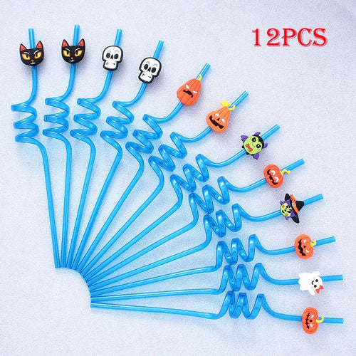 12pcs ReusablePlastic Straw Halloween Theme Cartoon Style Straws