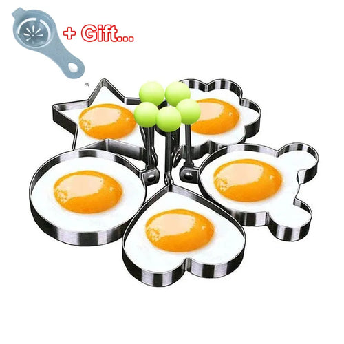 5-Piece Stainless Steel Egg & Pancake Mold Set - Round, Heart, Flower, Star Shapes